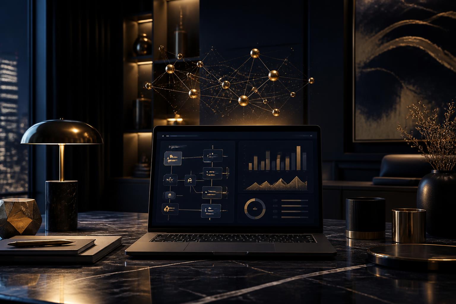Workspace luxury con laptop che mostra una pipeline AI e dashboard di business development in toni navy e oro champagne