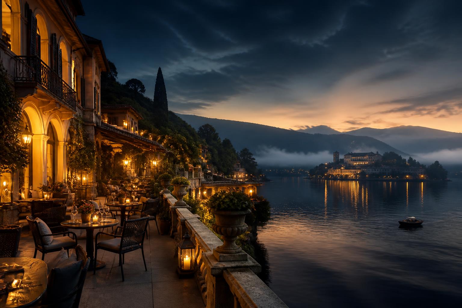 Terrazza di un boutique hotel di lusso al tramonto sul Lago d'Orta